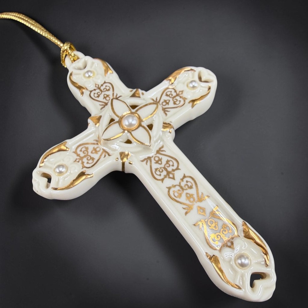Lenox Porcelain Cross Ornament Gold Filigree Faux Pearls Cream 4 Inch by 3 Inch